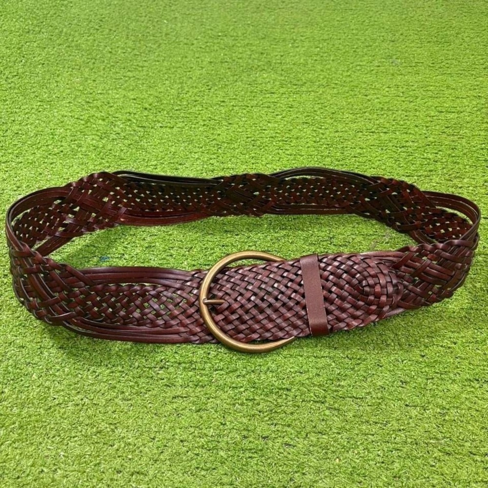 Vintage Y2K Braided Bonded Leather Wide Belt Size‎ M Brass Buckle
